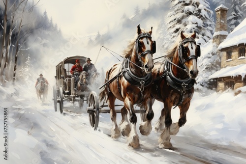 a painting of two horses pulling a carriage down a snowy road