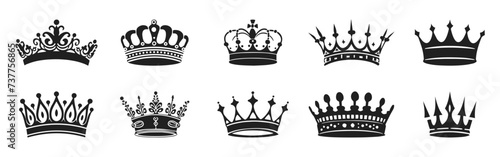Crowns vector illustration. King, queen tiara, princess diadem in style of hand drawn black doodle on white background. Corona silhouette sketch photo
