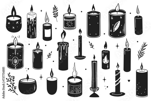 Candles vector illustration set. Aromatherapy, aromatic candle in style of hand drawn black doodle on white background. Mystical candlelight silhouette sketch