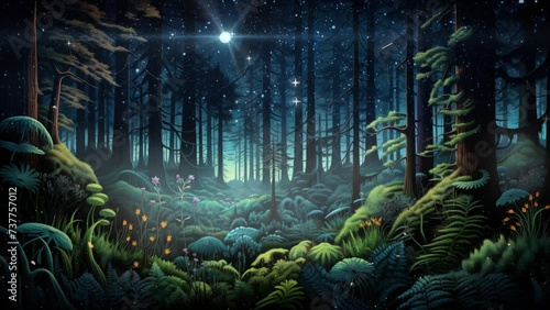 fantasy forest at night.  redwood forest at night. seamless looping overlay 4k virtual video animation background  photo