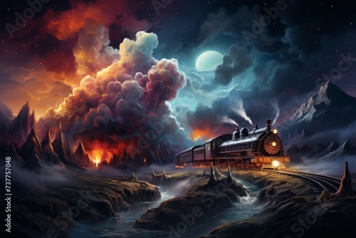 A train travels through a misty mountain landscape at night