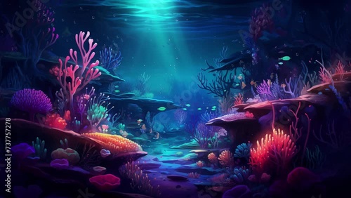 underwater coral reef at night with coral polyps. anime cartoon illustration style. seamless looping overlay 4k virtual video animation background  photo