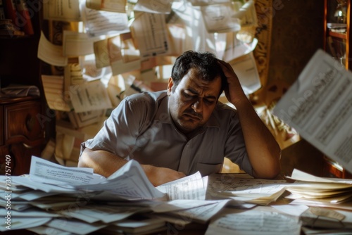 Stressed mature Middle Eastern man with paperwork at desk photo