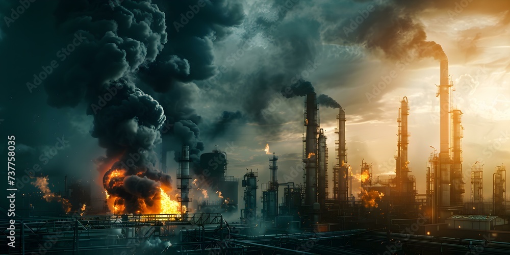Massive industrial fire at oil refinery factory releases thick plumes of dark smoke: Urgent emergency and high risk. Concept Oil refinery fire, Thick plumes of smoke, Urgent emergency, High risk