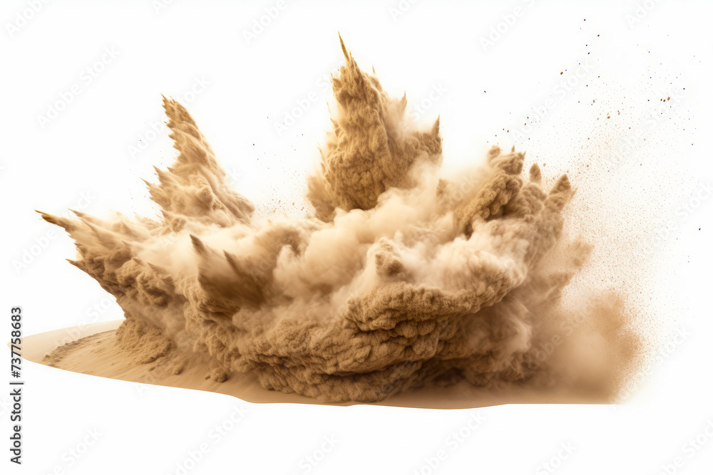 Obraz premium Large amount of dust is flying in the air over white background.
