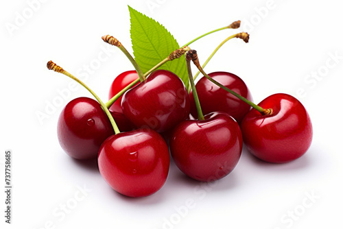 Group of cherries with leaf on top of them.