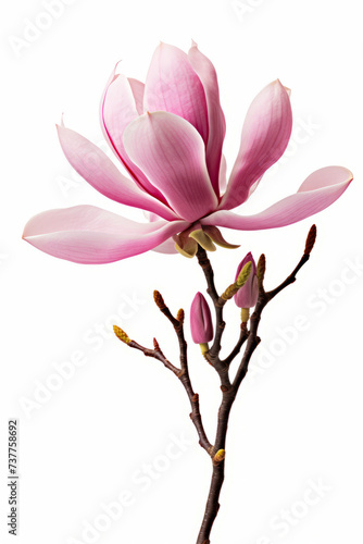 Pink flower with buds on white background with white background.