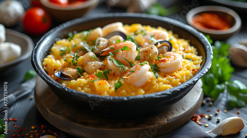 close up of Saffron Seafood Risotto in bowl, Food Photography