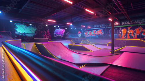 A skateboard race in a neon skate park where speed and cheerfulness elevate the sport to new heights