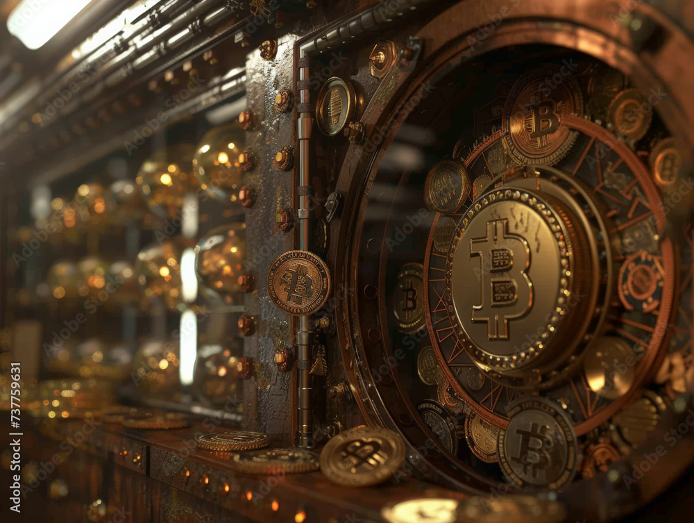 A time travelers vault containing ancient gold medieval coins and futuristic bitcoins showcasing wealth through ages