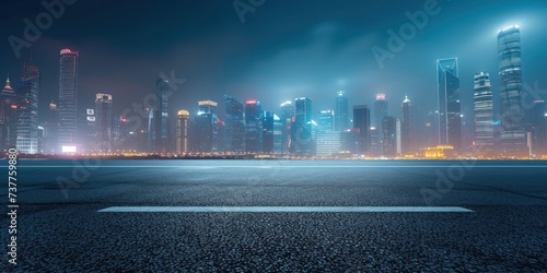 urban cityscape skyline night scene with empty floor on front copy space