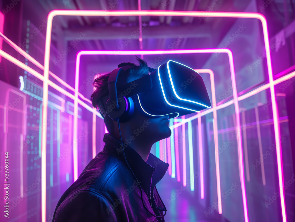 A VR hacker maneuvers through a neon labyrinth outsmarting dark cyber threats with light speed security hacks A VR hacker maneuvers through a neon labyrinth outsmarting dark cyber threats with light speed security hacks