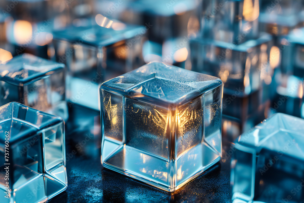 Fototapeta premium Clear ice cubes on a dark background, emphasizing freshness, purity, and the essence of coolness