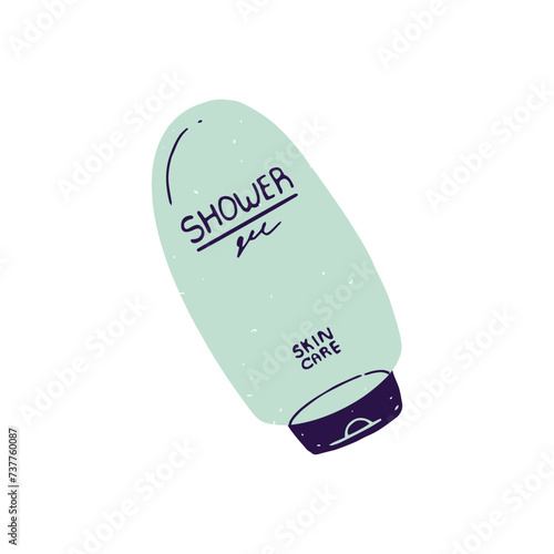 Shower gel bottle. Liquid bathing soap. Organic product for cleaning body. Natural skincare cosmetics. Bath accessory for hygiene, health care. Flat isolated vector illustration on white background