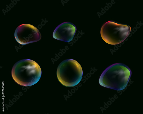 Set of realistic colorful soap bubbles. Transparent realistic soap bubbles isolated on transparent background. Vector texture.