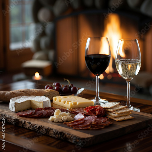 A warm cozy setting featuring a closeup of gourmet cheese and wine inviting an evening of delicious indulgence