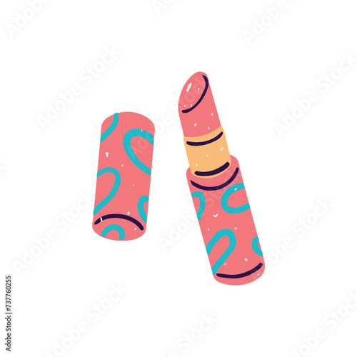 Open pink lipstick in patterned packaging. Cute moisturizing lip balm. Decorative cosmetics for professional makeup. Beauty product for visage. Flat isolated vector illustration on white background