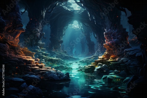 a dark cave with a river running through it and a light shining through the ceiling