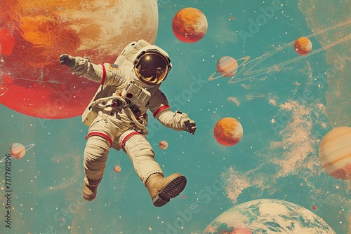 Astronaut floating against background of solar system planets. Contemporary art collage. Generative AI photo
