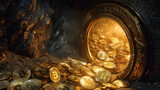 An ancient vault unlocked to reveal gold coins and glowing bitcoins merging past wealth with future currency