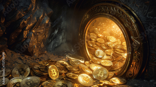 An ancient vault unlocked to reveal gold coins and glowing bitcoins merging past wealth with future currency
