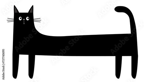 Black long body cat standing. Funny sad face head silhouette. Square kitten banner. Meow. Cute cartoon kawaii baby character. Kawaii animal. Pet collection. Flat design. White background.
