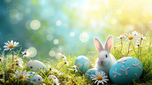 white rabbit with easter eggs in garden, AI generated
