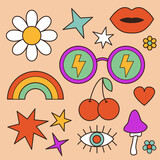 Funny cartoon daisy flower, mushroom, heart, star, rainbow, sunglasses, cherry, lips, eye. Groovy retro icon set in 60s, 70s hippie style. Sticker print. Trendy psychedelic. Pink background.
