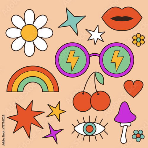 Funny cartoon daisy flower, mushroom, heart, star, rainbow, sunglasses, cherry, lips, eye. Groovy retro icon set in 60s, 70s hippie style. Sticker print. Trendy psychedelic. Pink background.