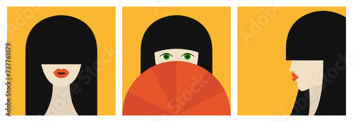 Portrait of brunette woman with long bangs hair set. Red paper fan. Full-face, profile view. Avatar people icon. Cute cartoon character. Girl face, red lips. Flat design. Yellow background.