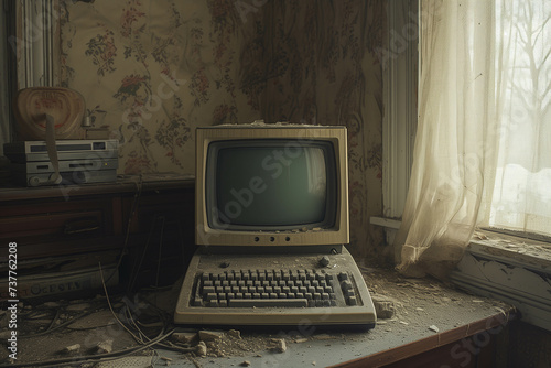 A dusty old computer sits on a table in the corner of the room. In an abandoned house.