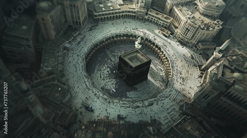 massive, white cubical structure, the Kaaba, stands at the center of a sprawling black sea of pilgrims circumambulating it photo