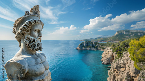 An ancient warrior statue overlooks the sea its gaze fixed on the horizon a guardian of history and tales of war from centuries ago © BussarinK