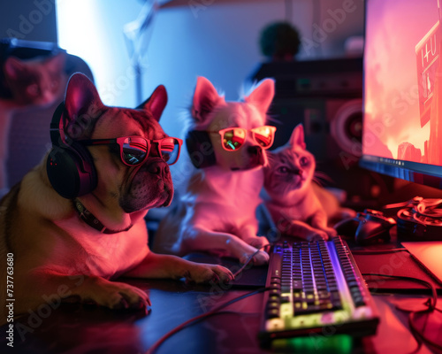 An animal eSports team with dogs strategizing on computers and cats showcasing agility on gaming phones competing at the highest level