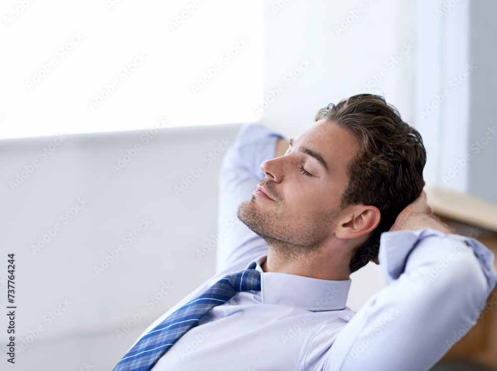 Fototapeta premium Man, eyes closed and calm breathing in office for stress management, relief and balance for peace while working. Businessman, relax and moment in workplace for wellness break for corporate work