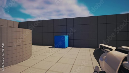 Video game prototype. Mock-up of the First Person Shooter. 3D Game Walkthrough. Sci-fi gun shooting blue boxes inside a concrete room with no ceiling. Indie video game with low poly graphics photo