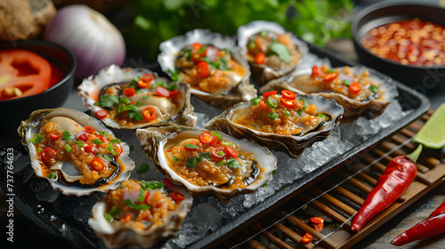 Grilled Oysters with Halal Ingredients with ice cubes on a tray, food photography