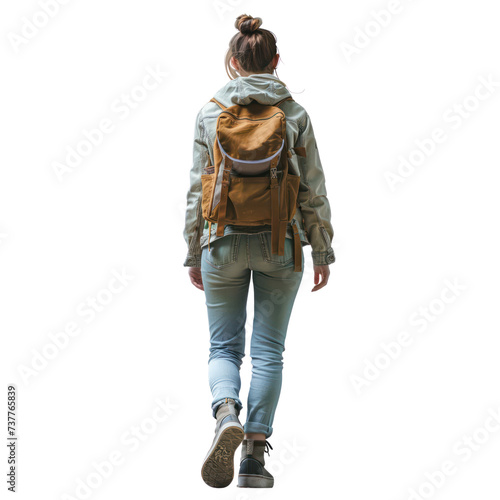 A young woman walking, back view isolated on transparent png.
 photo