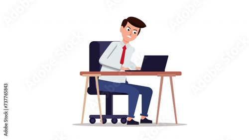 Animation of angry man sitting on his desk and typing on keyboard. Looped animation with white background. A cartoon guy works remotely with laptop. Frustrated male freelancer in the office.