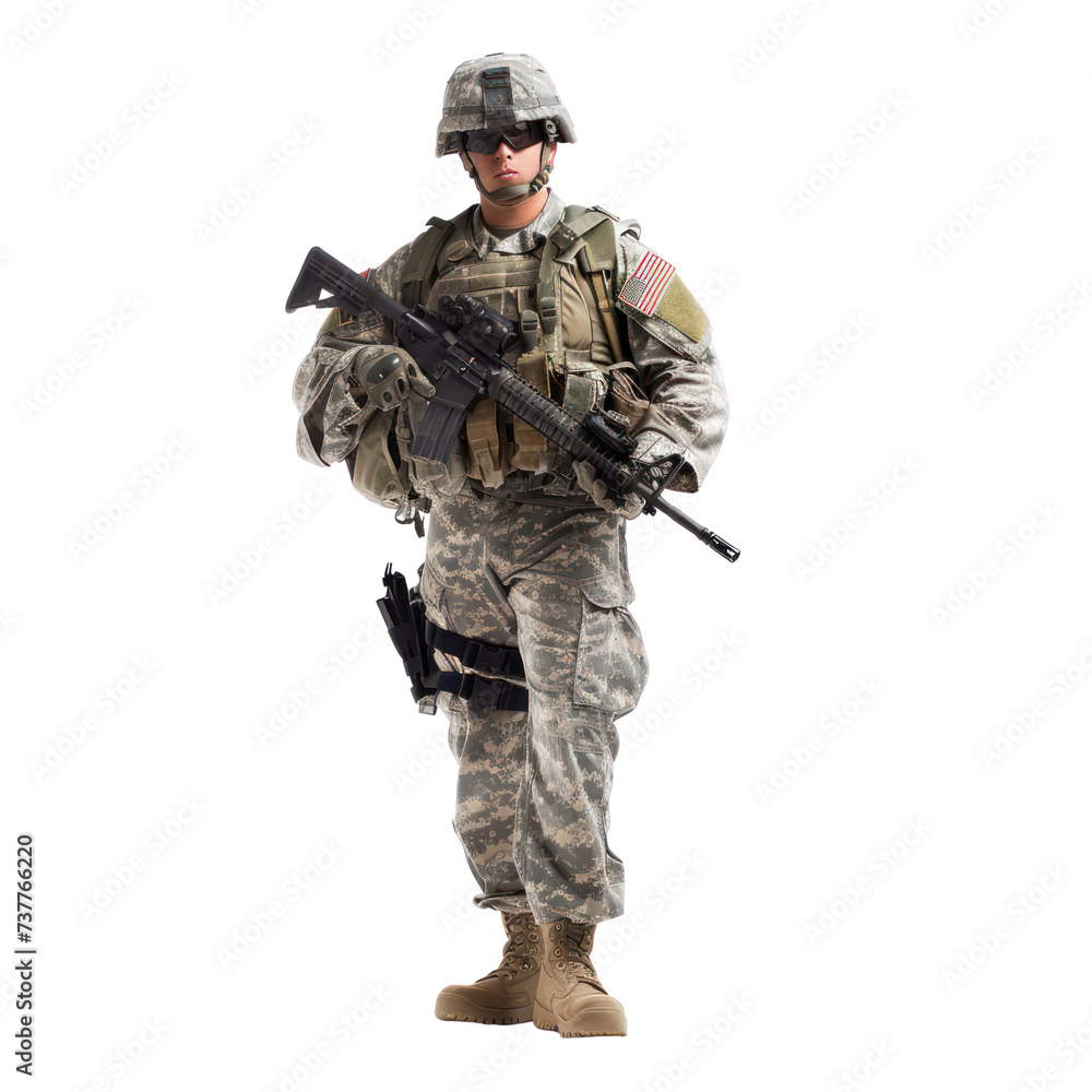 Soldier,  full combat uniform isolated on transparent png.