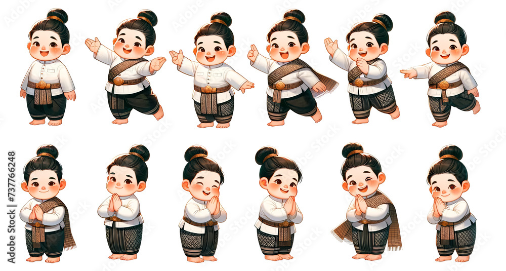 A character sheet chubby Thai boy wearing traditional Northern Thai attire, A character sheet chubby Thai boy wearing traditional Northern Thai attire,