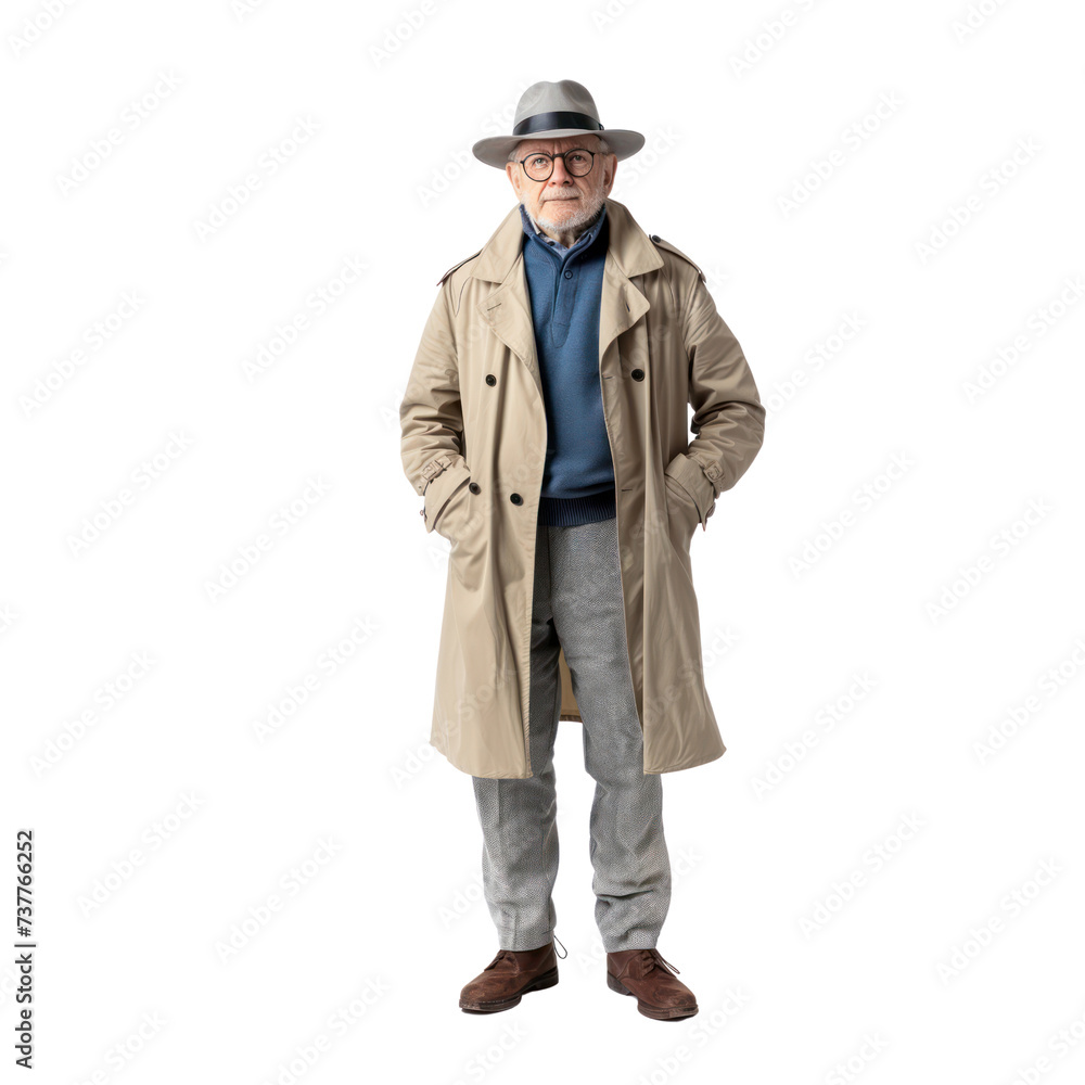 Skinny man in his 60s wearing a tiny beige trench coat isolated on transparent png.

