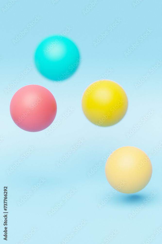 Close-up 3d colorful illustration. Different geometric shapes sphere are placed at the same distance. Simple geometric shapes flying Close-up 3d colorful illustration. Different geometric shapes sphere are placed at the same distance. Simple geometric shapes flying