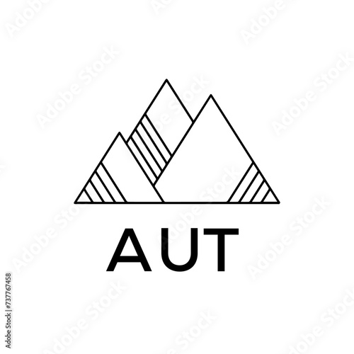 AUT Letter Logo. Minimalist Mountain Logo Design with AUT Text. AUT Geometric Adventure Branding Emblem.