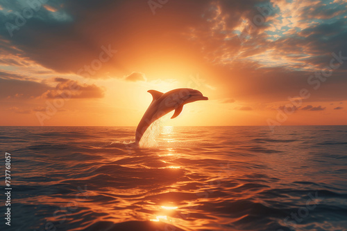 Dolphins leap across the surface of the water in the evening, lit up beautifully by the sunlight. © Gun