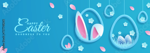 Joyous Easter holiday featuring eggs, rabbit ears and flowers against a vibrant backdrop and paper style. Suitable for greeting cards or party invitations.