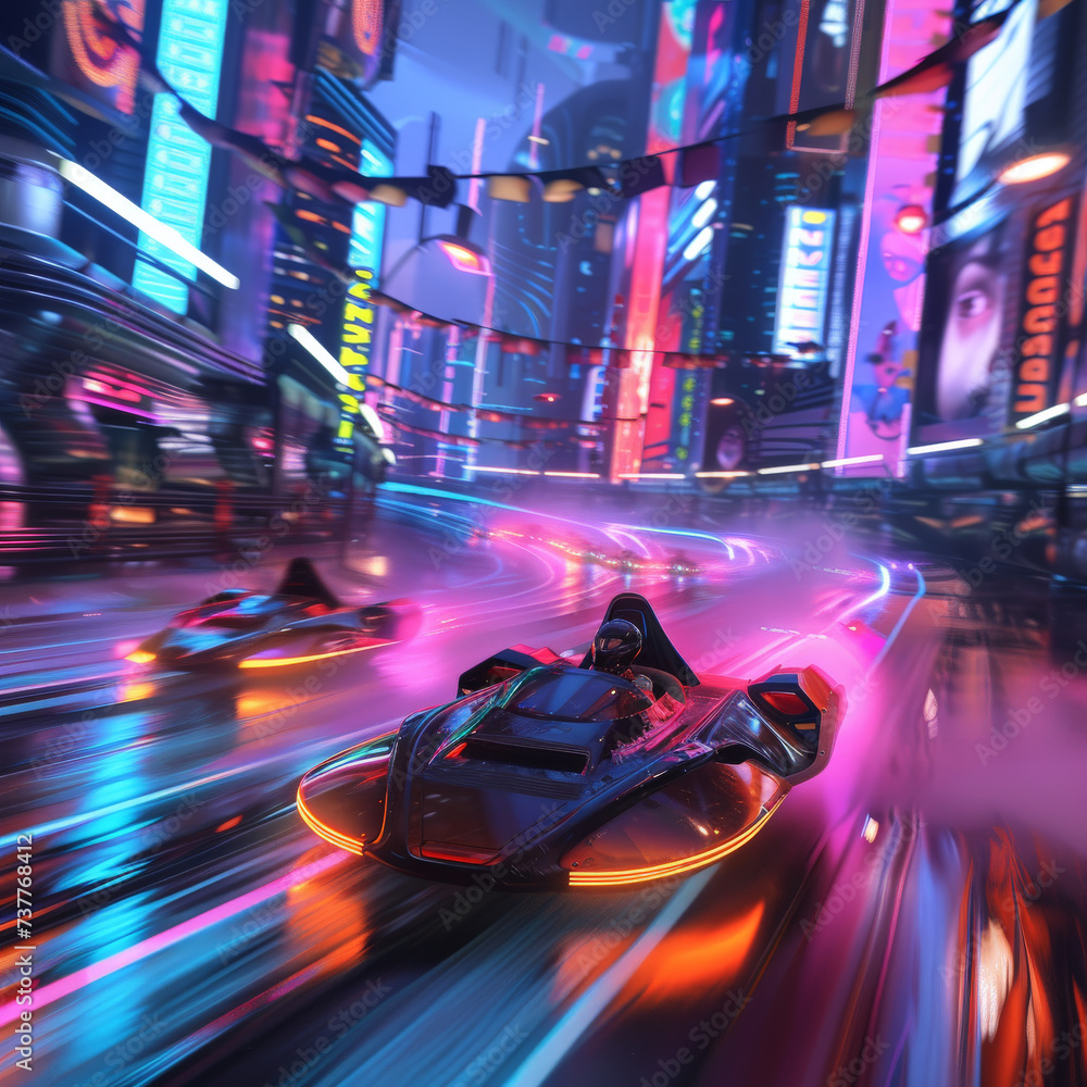 Cheerful racers in neon powered hovercrafts competing in a high speed race through a futuristic metropolis