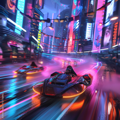 Cheerful racers in neon powered hovercrafts competing in a high speed race through a futuristic metropolis