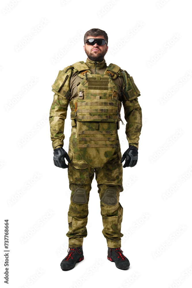 Full length portrait of man soldier wearing ammunition on white background Full length portrait of man soldier wearing ammunition on white background