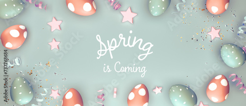 Spring is coming message with colorful Easter eggs and spring holiday decoration - 3D render